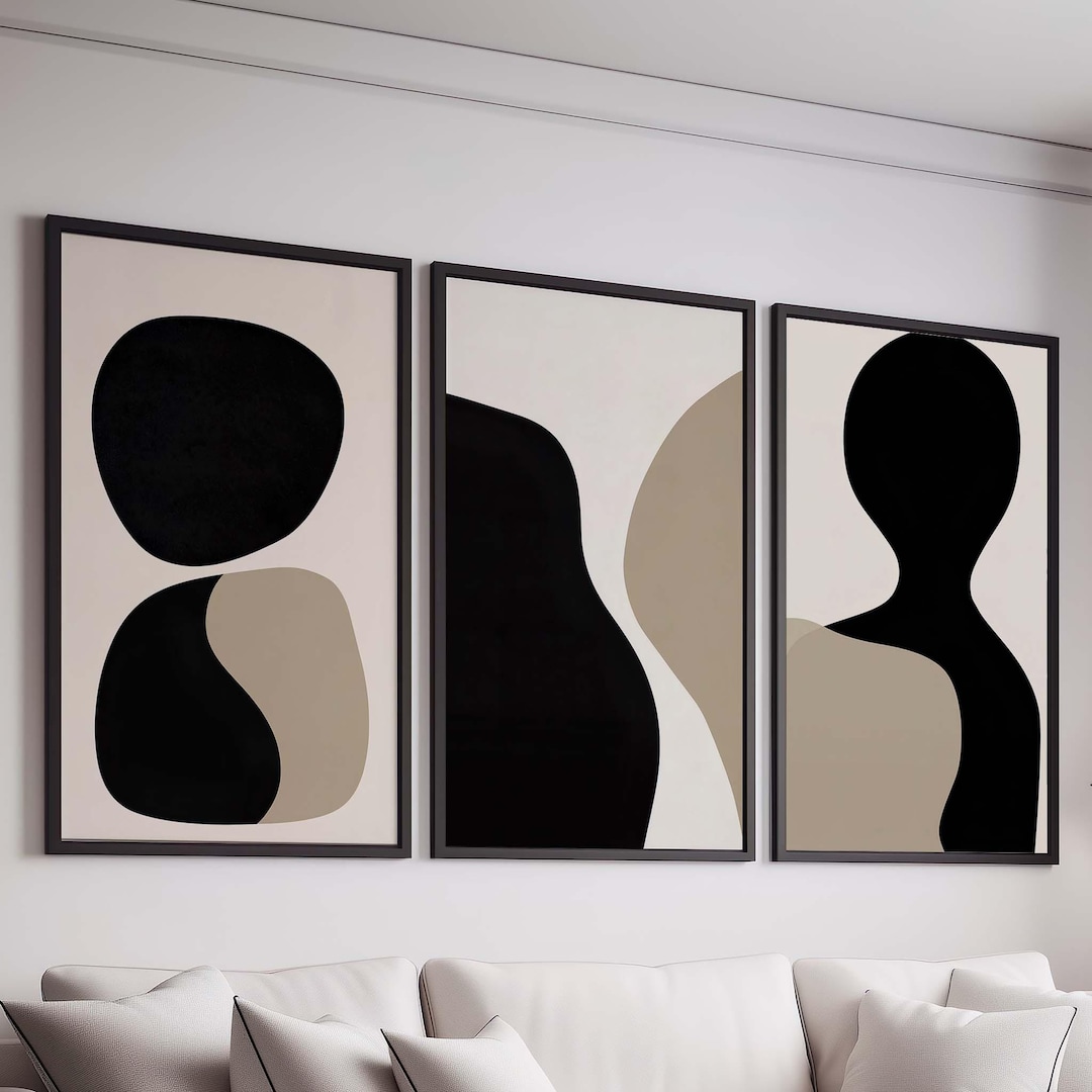 Beige Black Abstract Art Print Set of 3 Wall Art Printable Digital Art ...