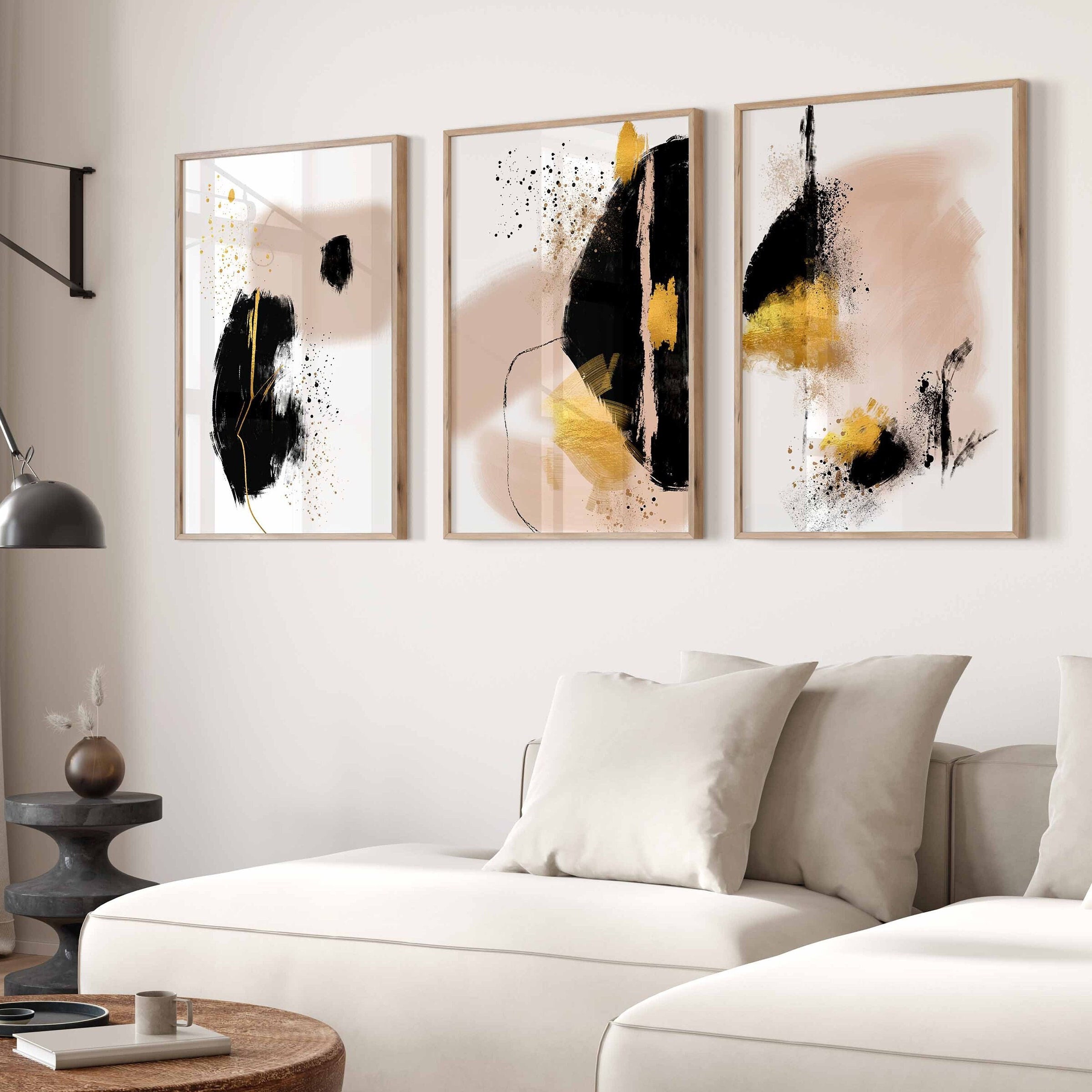 Black and Gold Wall Art, Blush Pink Wall Art, Extra Large Wall Art, 3 ...