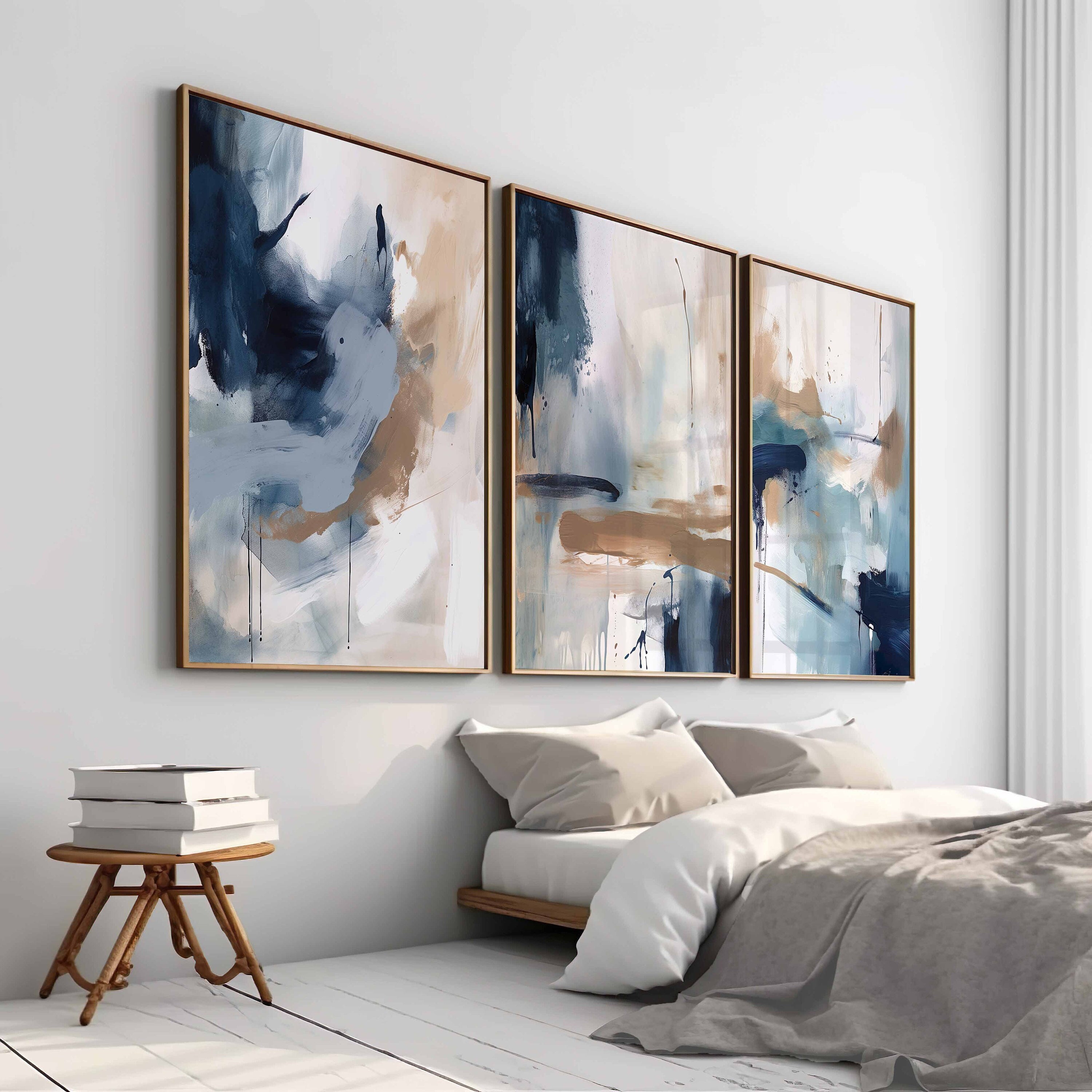 Navy Blue Wall Art Set of 3 Printable Wall Art Modern Wall Art Blue Abstract Art Minimalist Poster Printable Art Brush Strokes Print Digital