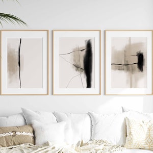Modern Neutral Abstract Printable Wall Art Set of 3, Black and Beige ...