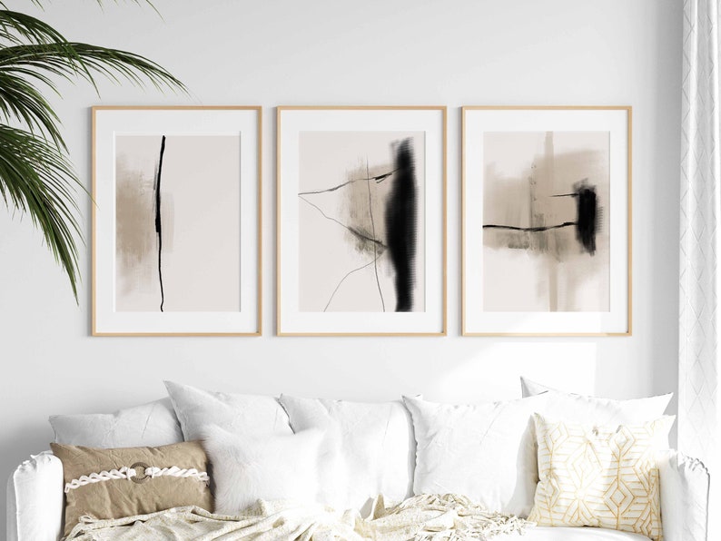 Modern Neutral Abstract Printable Wall Art Set of 3, Black and Beige ...