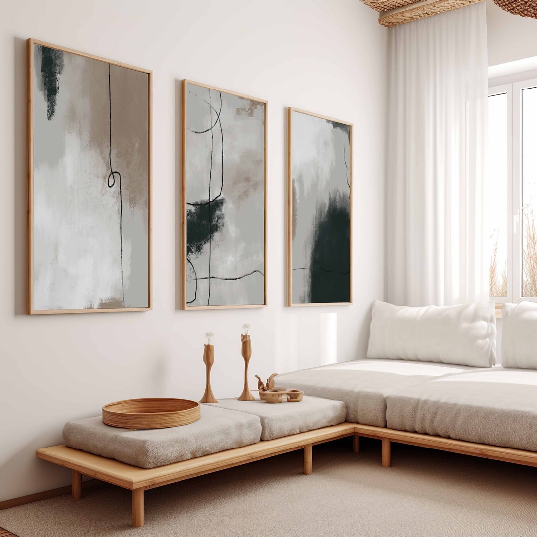Abstract Modern Neutral Gallery Wall Art Set of 3 Black Beige Neutral ...