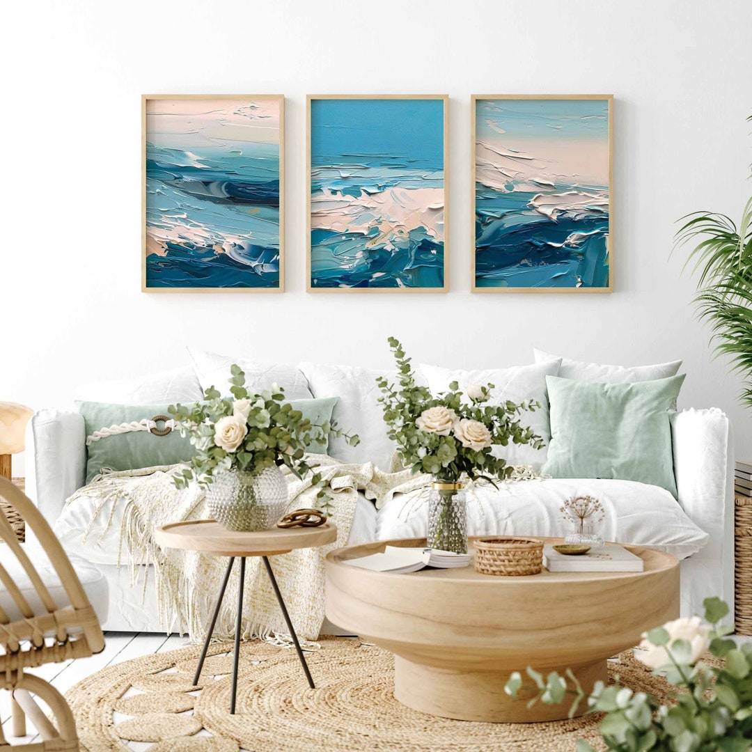 Textured Abstract Art Blue Wall Art Set of 3 Modern Wall Art for Bedroom Print Set Apartment ...