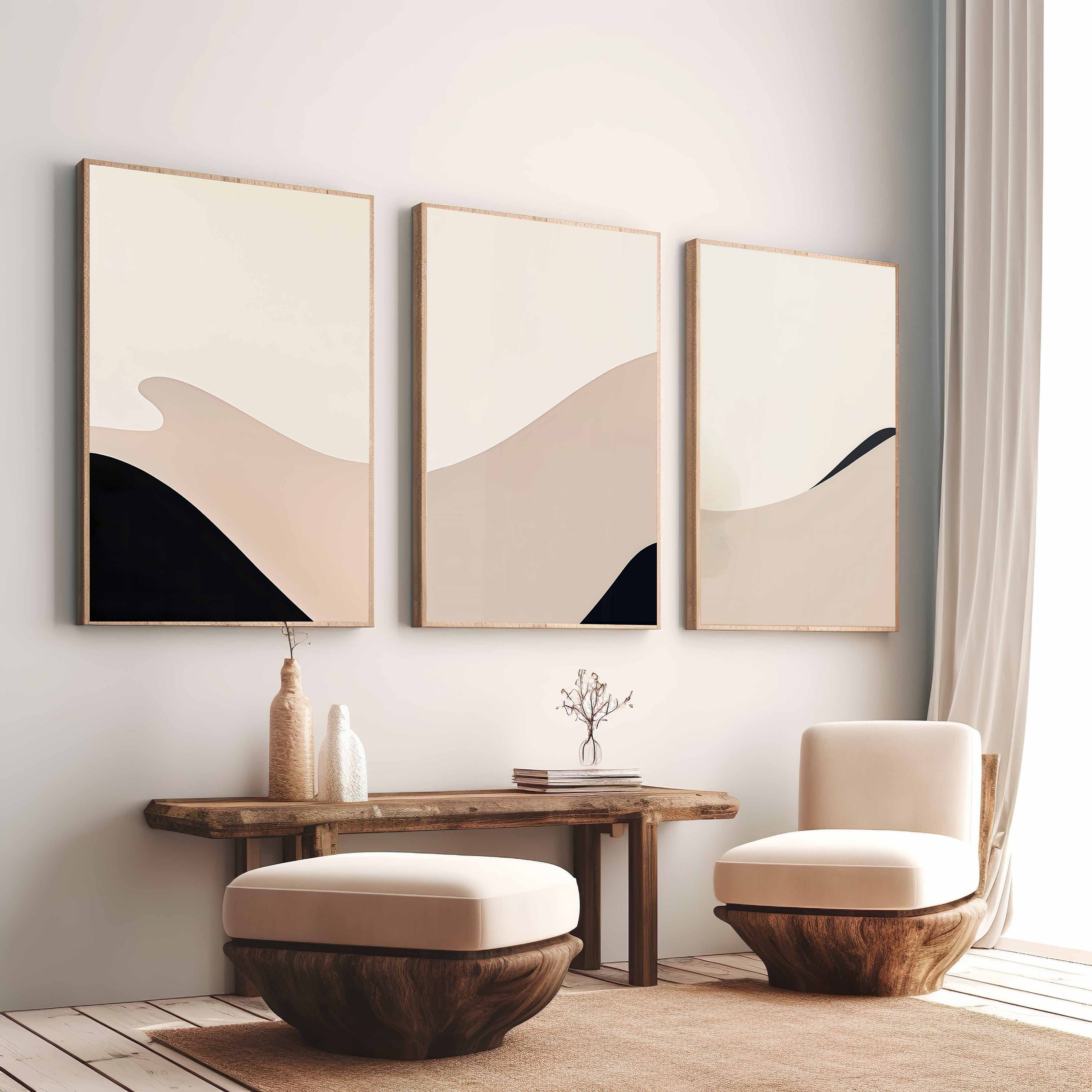 Abstract Minimal Neutral Gallery Wall Art Set of 3 Black and Beige ...
