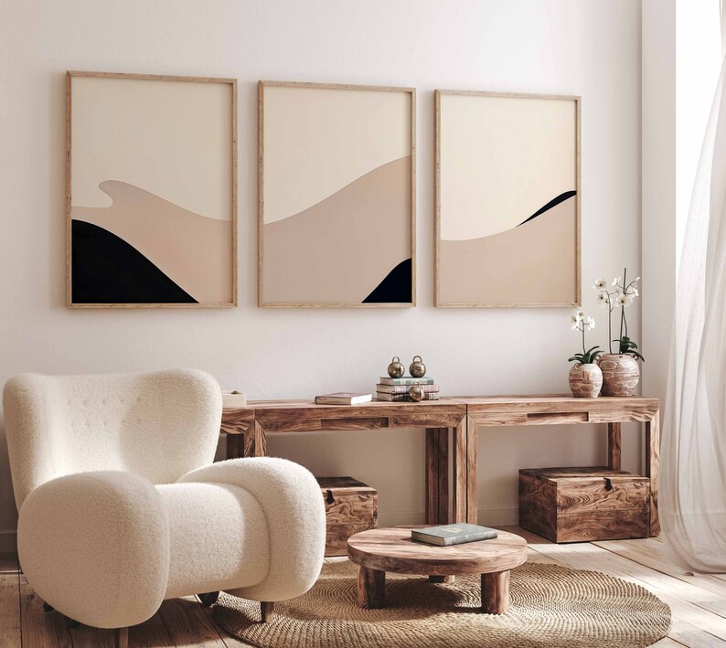 Abstract Minimal Neutral Gallery Wall Art Set of 3 Black and Beige ...
