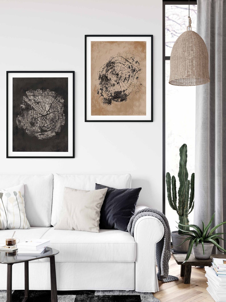 May include: Two black framed prints of tree rings on a white wall above a white couch with pillows and a throw blanket. A cactus and a potted plant are on the floor next to the couch.