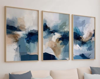 Juego de 3 impresiones de arte de pared azul marino, galería de arte de pared, impresiones abstractas modernas, arte moderno para dormitorio, arte de pared costero, impresiones digitales en acuarela.