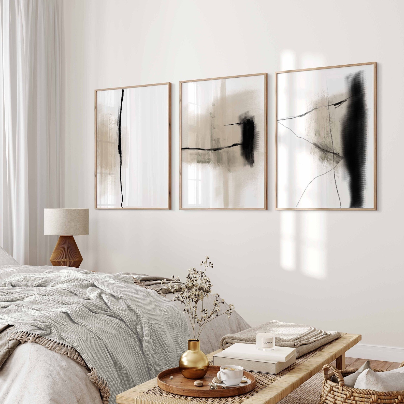 Modern Neutral Abstract Printable Wall Art Set of 3, Black and Beige ...