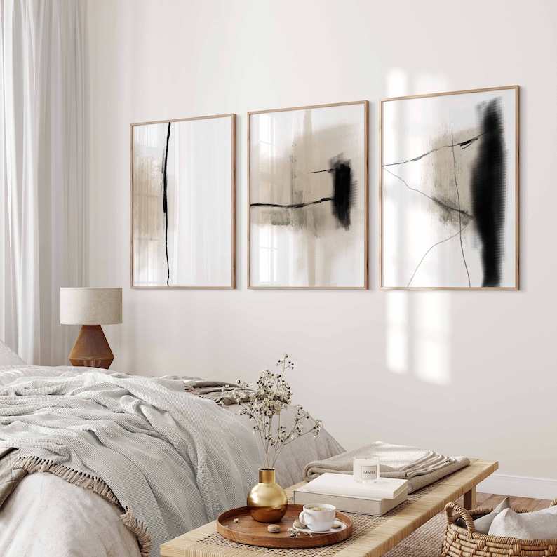 Modern Neutral Abstract Printable Wall Art Set of 3, Black and Beige ...