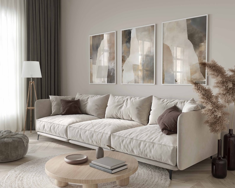 Abstract Neutral Beige Wall Art Set of 3 Modern Geometric Art Prints ...
