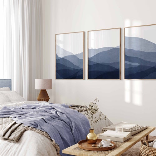 Navy Blue Wall Art Set 3 Piece Art Prints Blue Abstract Wall Etsy