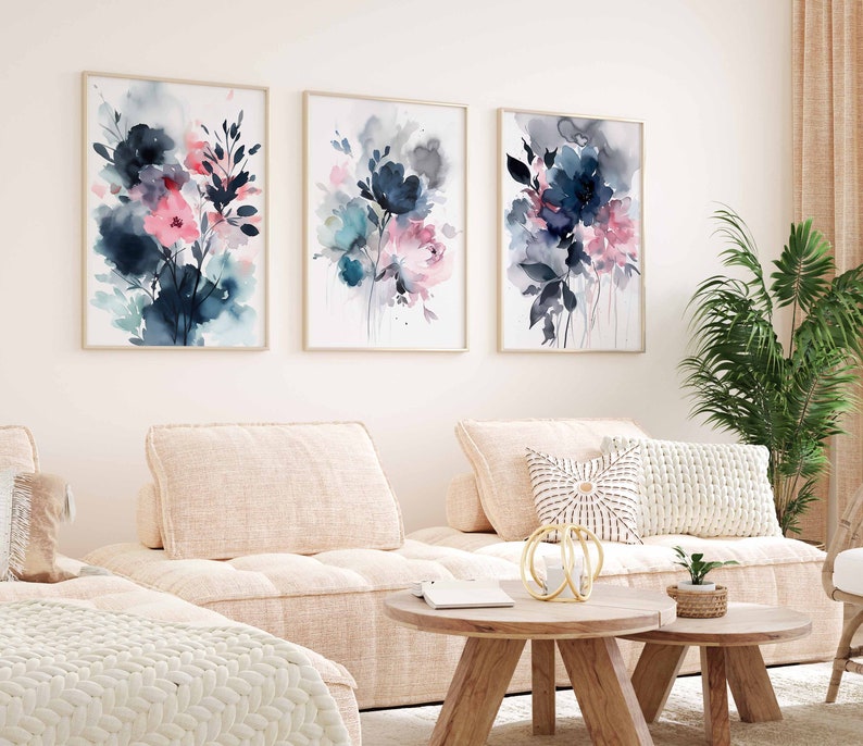 Navy Blue Blush Pink Modern Abstract Art Gallery Wall Art Set of 3 ...