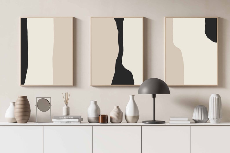 Minimalist Neutral Abstract Printable Wall Art Set of 3, Black Beige ...