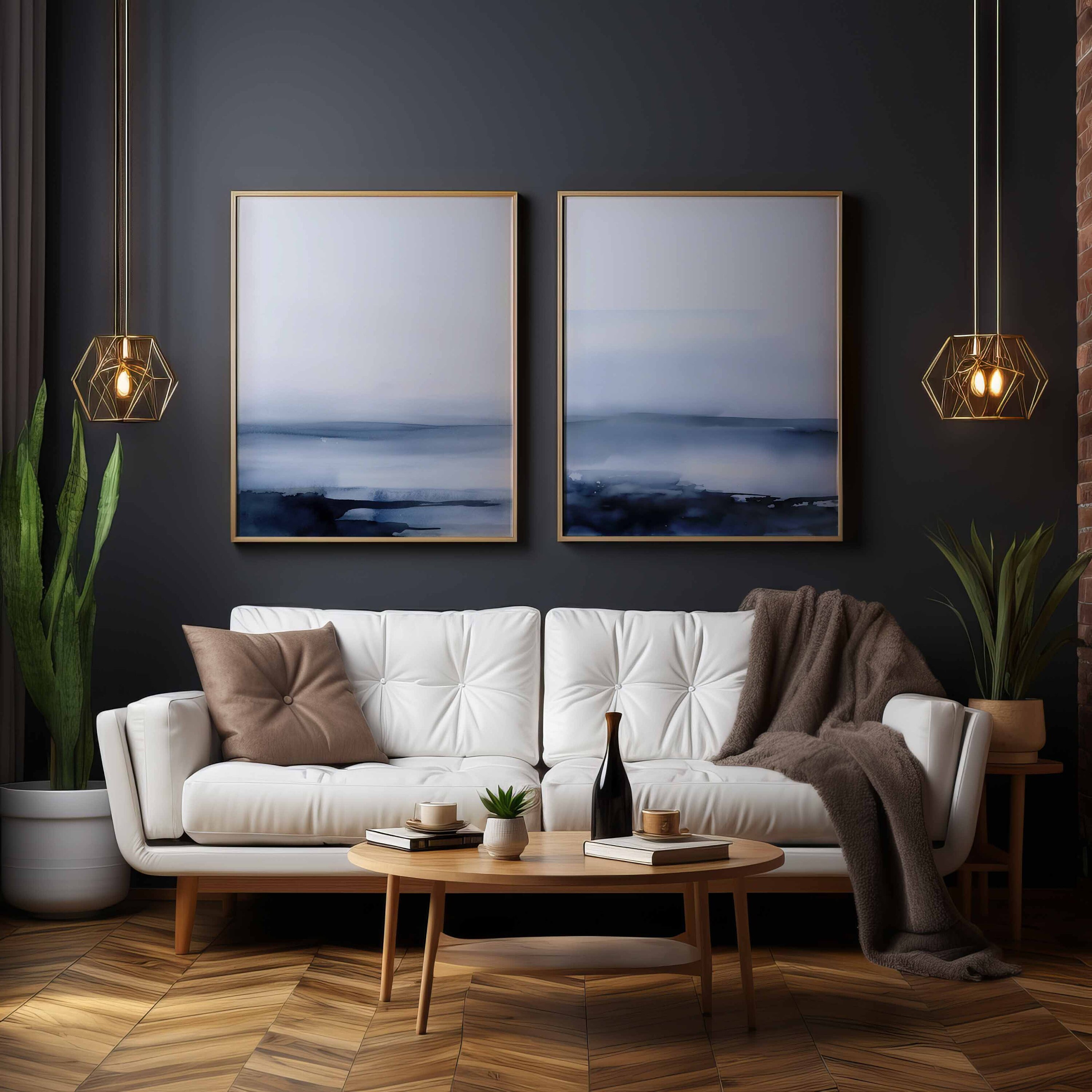 Abstract Minimalist Wall Art Set of 3 Blue and White Coastal Wall Art ...