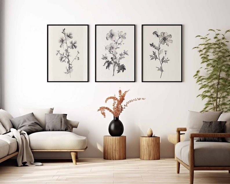 Minimalist Botanical Art Black and White Flower Wall Art Set of 3 ...