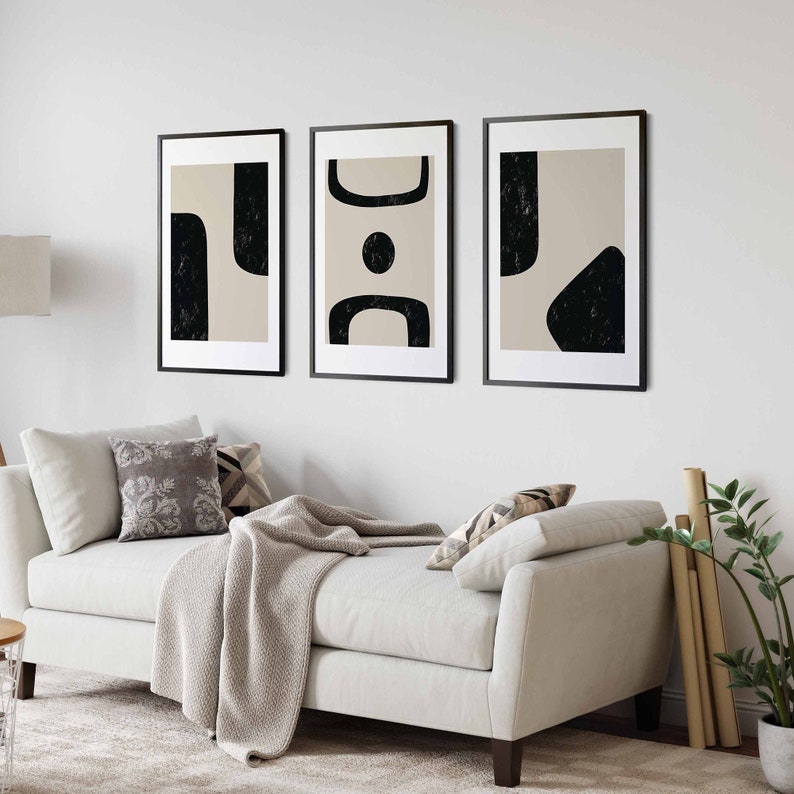 Printable Mid Century Modern Abstract Black Beige Wall Art Set of 3 ...