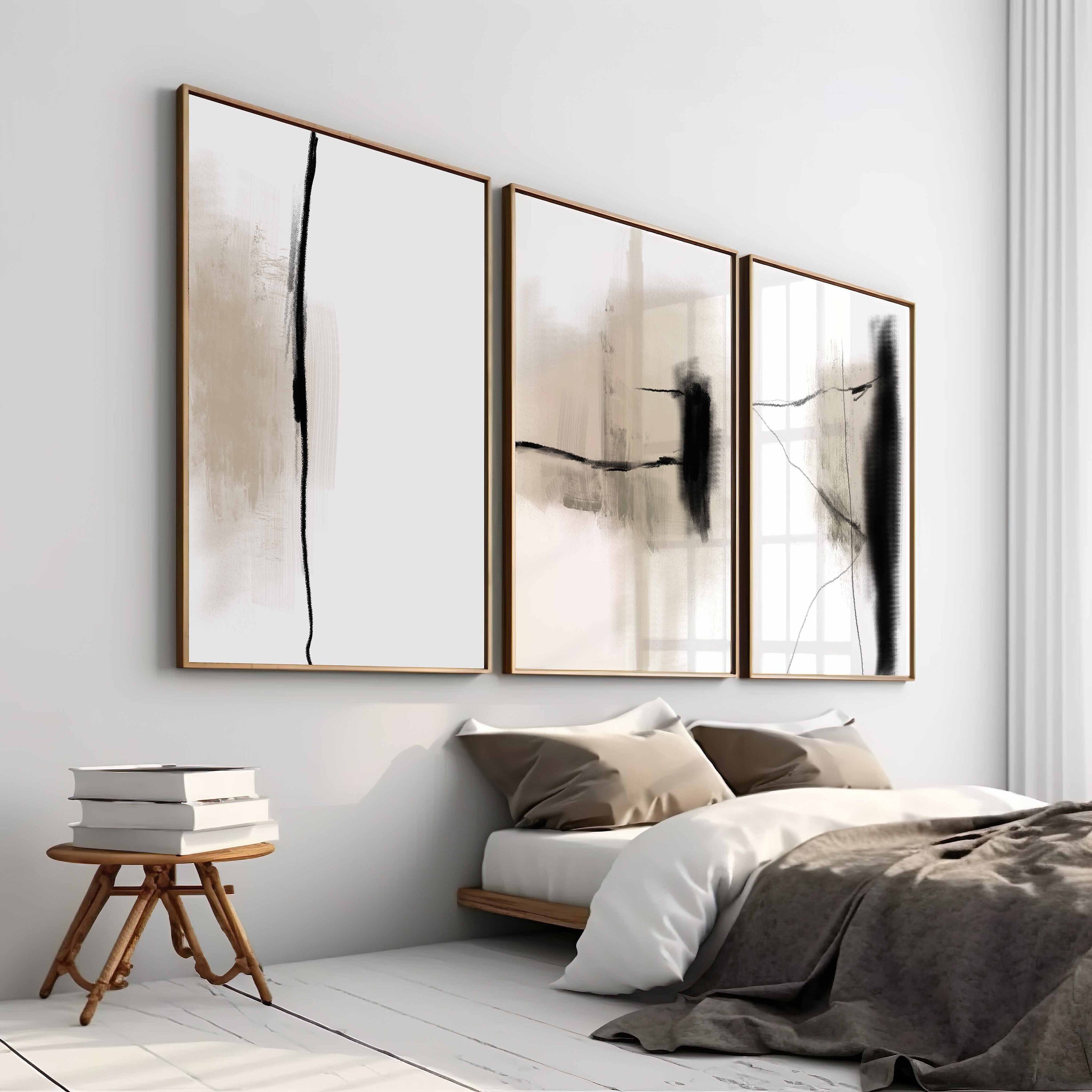 Modern Neutral Abstract Printable Wall Art Set of 3, Black and Beige ...