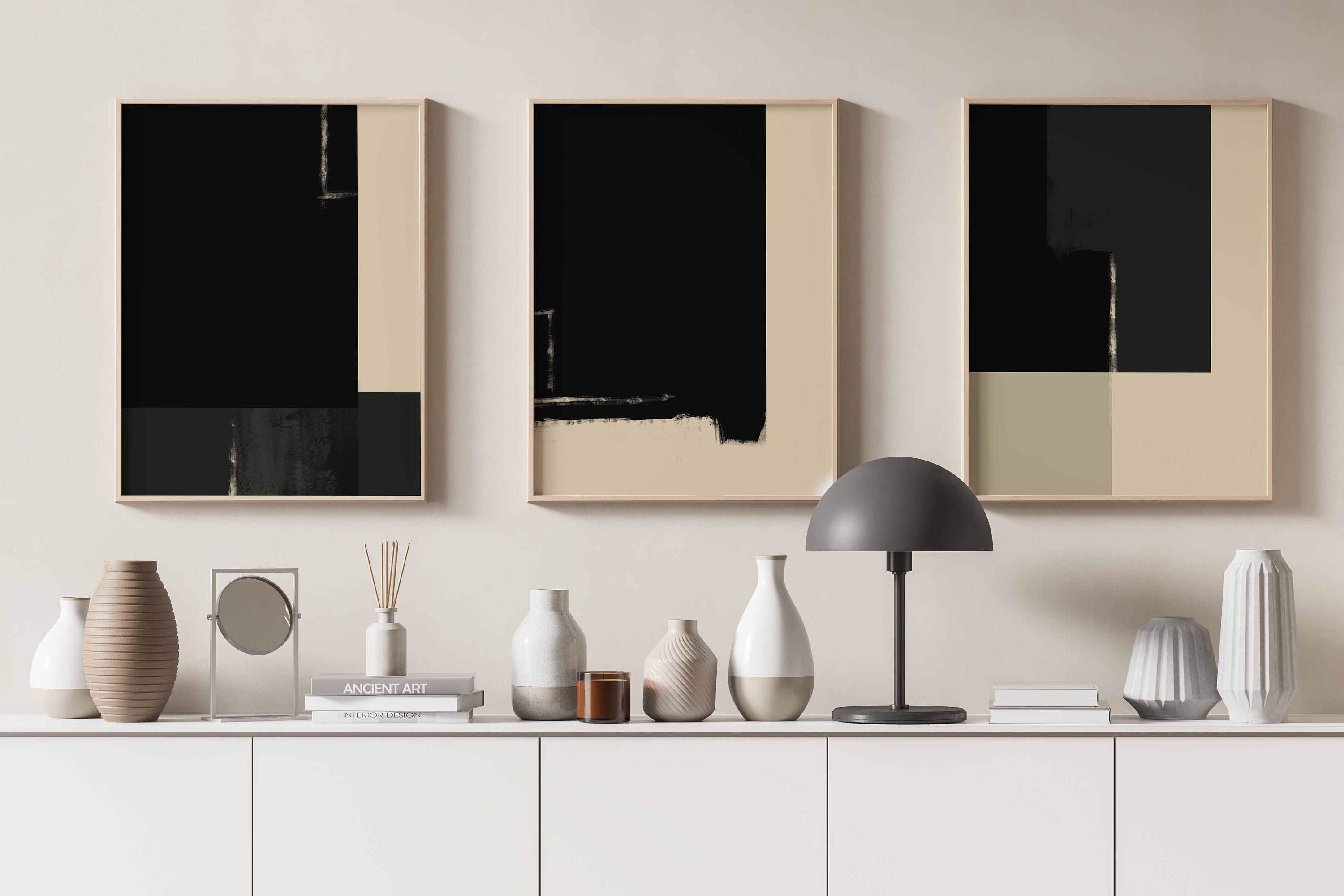 Modern Contemporary Simple Gallery Wall Art Set of 3 Abstract Art Black ...