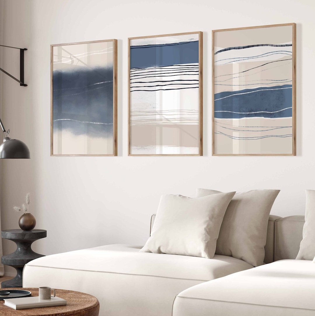 Abstract Wall Art Navy Blue Beige Gallery Art Prints Set of 3 Nordic ...