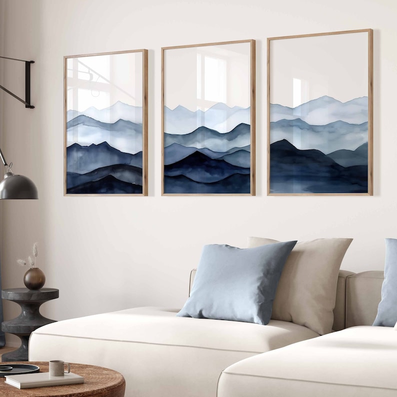 Navy Blue Wall Art Set of 3 Modern Abstract Print Set Bedroom Wall Art ...