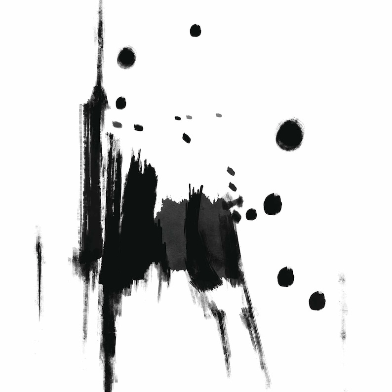 May include: Black and white abstract painting with a large black brushstroke in the center and smaller black dots scattered around it.