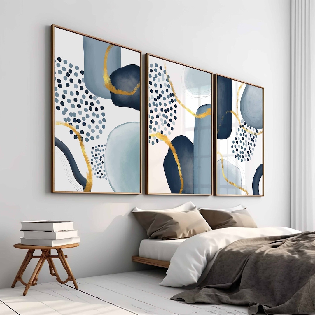 Blue Abstract Wall Art Set of 3 Navy and Gold Watercolor Printable Wall ...