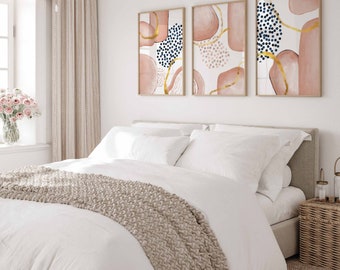 Minimalist Abstract Wall Art Set of 3, Blush Pink and Gold Watercolor Shapes Printable Wall Art, Modern Neutral Gallery Wall, Bedroom Set