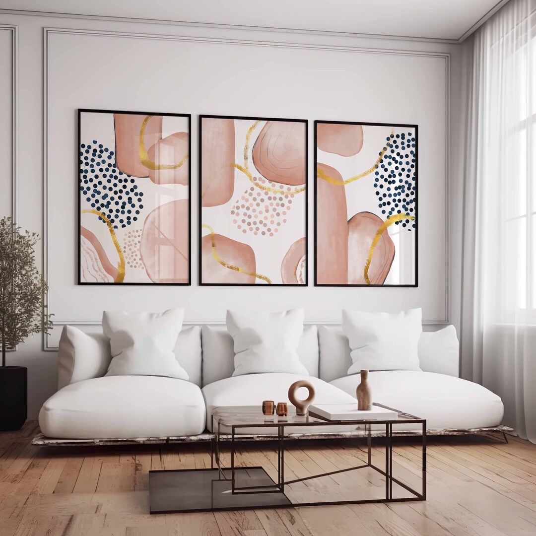 Minimalist Abstract Wall Art Set of 3, Blush Pink and Gold Watercolor ...