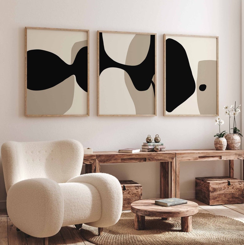 Modern Minimal Neutral Gallery Wall Art Set of 3 Black and Beige Abstract Art Farmhouse Decor Bedroom Wall Art, Living Room Art, Printable image 7