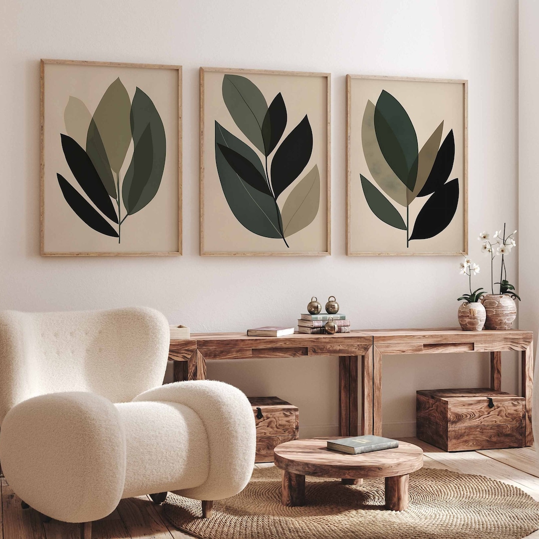 Green Leaf Wall Art Set of 3 Modern Leaf Art Farmhouse Prints Living ...