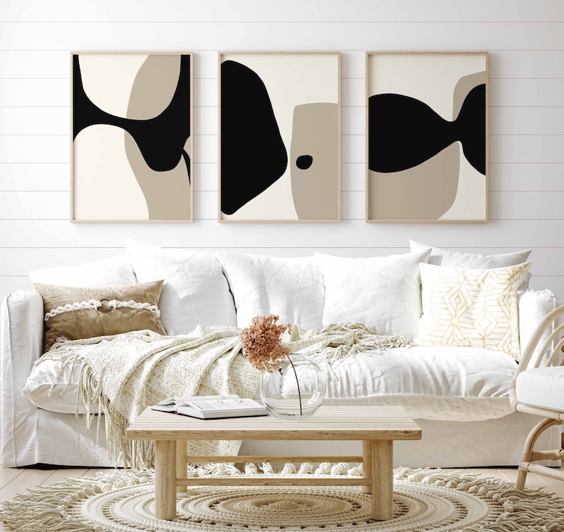 Modern Minimal Neutral Gallery Wall Art Set of 3 Black and Beige Abstract Art Farmhouse Decor Bedroom Wall Art, Living Room Art, Printable image 2