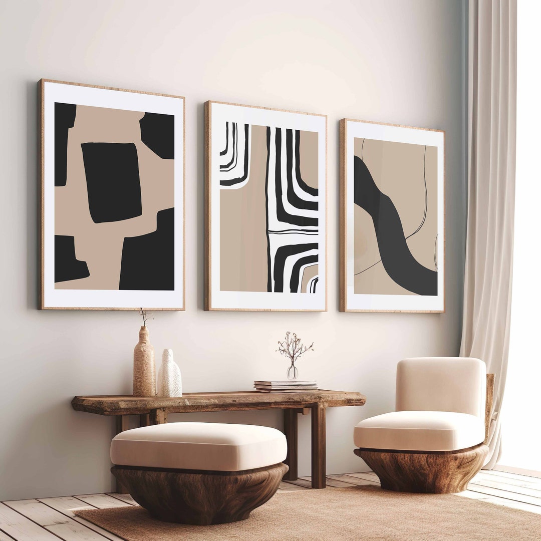 Modern Geometric Art Abstract Wall Art Set of 3 Black Beige Wall Art ...