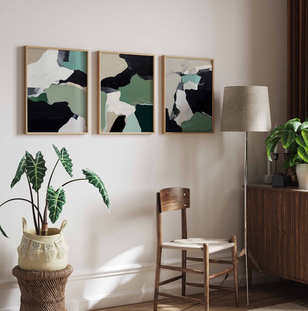 Modern Minimal Neutral Gallery Wall Art Set of 3 Black and Green ...
