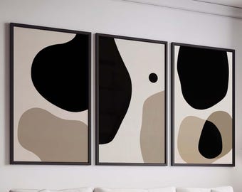 Minimalist Abstract Wall Art Set of 3 Prints Neutral Black Beige Wall Art Modern Abstract Geometric Art Printable Art for Living Room Prints