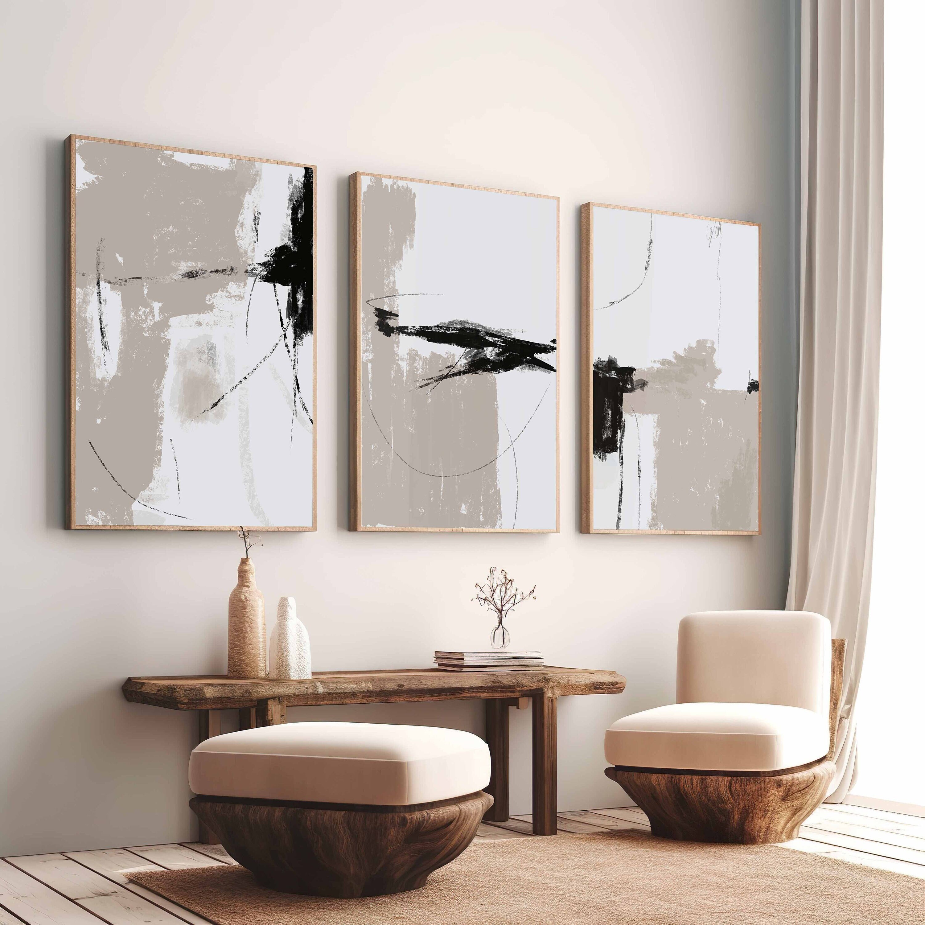 Modern Textured Abstract Set of 3 Prints, Neutral Art Print Set
