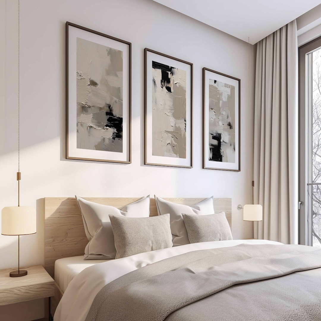 Abstract Neutral Art Gallery Wall Art Set of 3 Black Beige Print Living ...