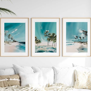 Coastal Landscape Wall Art Set of 3 Beach Wall Art Ocean Landscape Art Seaside Print for Living Room Art Blue Tropical Art Digital Download