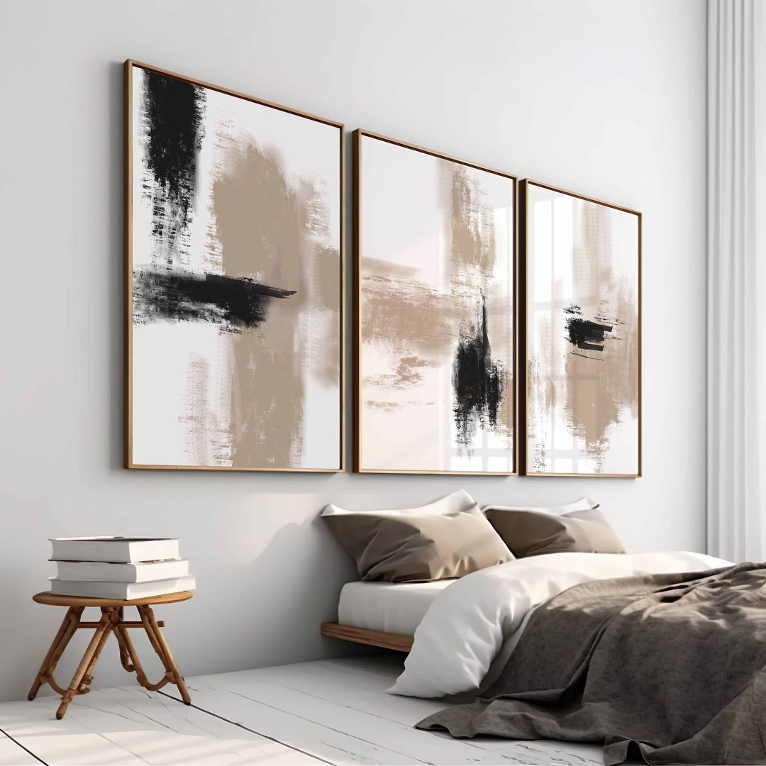 Modern Abstract Gallery Wall Art Set of 3 Black Beige Neutral Prints ...