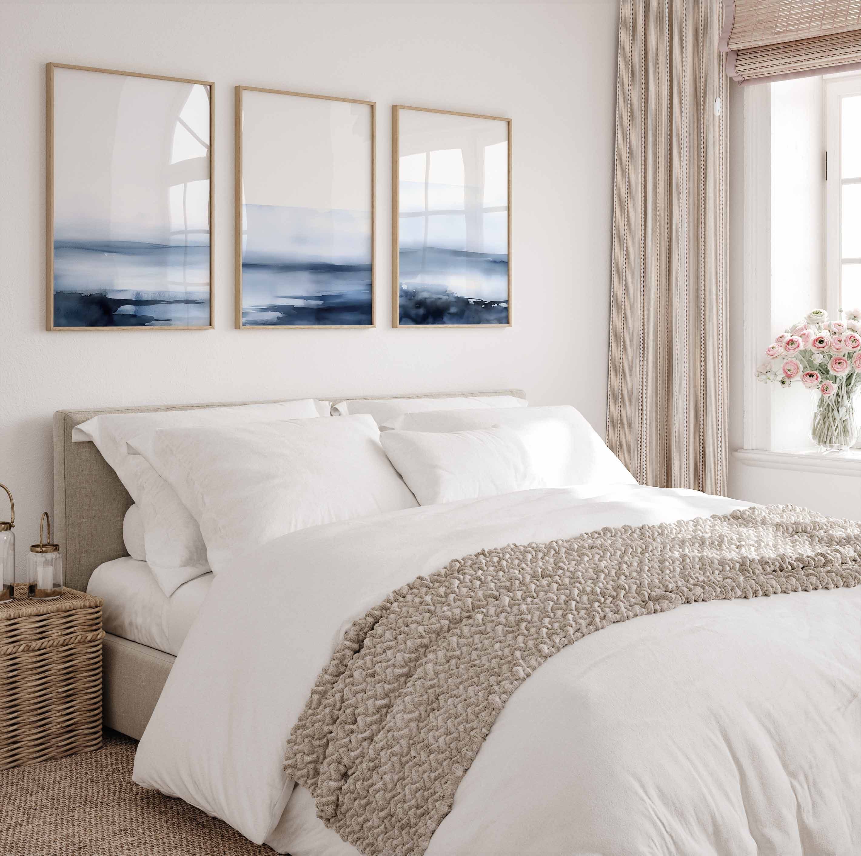 Abstract Minimalist Wall Art Set of 3 Blue and White Coastal Wall Art ...