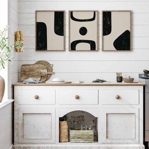 Printable Mid Century Modern Abstract Black Beige Wall Art Set of 3 ...
