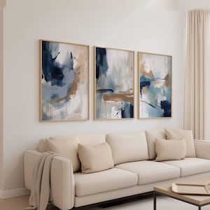 Navy Blue Wall Art Set of 3 Printable Wall Art Modern Blue Art Prints, Blue Abstract Art Minimalist Prints Living Room Art Digital Download