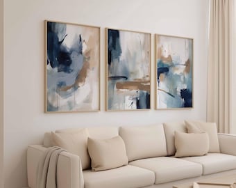 Navy Blue Wall Art Set of 3 Printable Wall Art Modern Blue Art Prints, Blue Abstract Art Minimalist Prints Living Room Art Digital Download