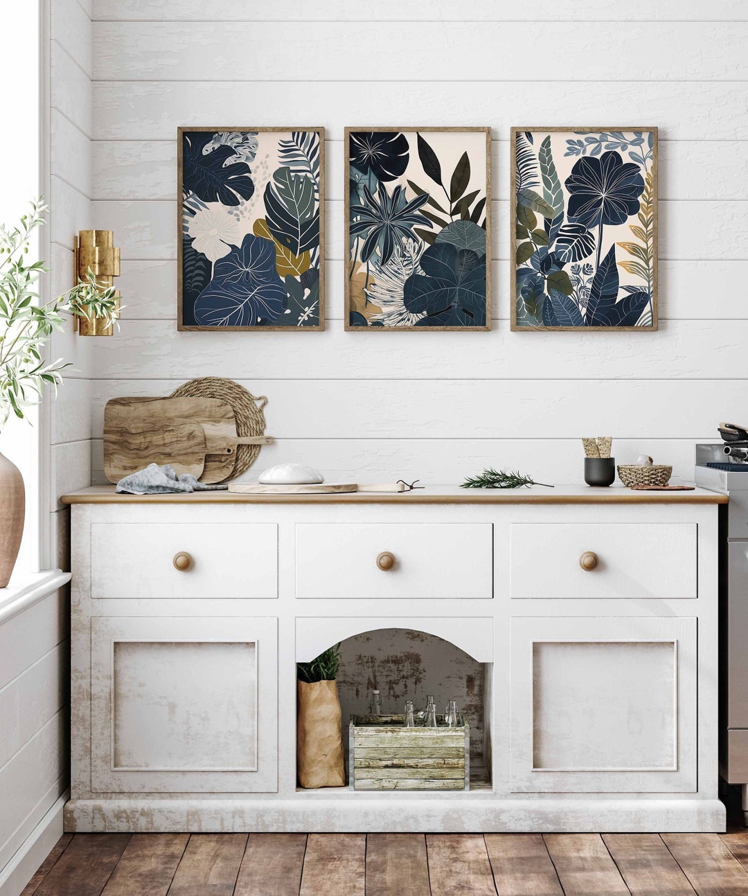 Botanical Tropical Leaf Wall Art Set of 3 Digital Prints Navy Blue Art ...