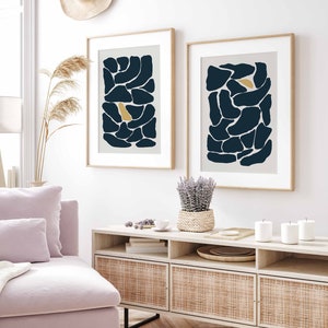 Modern Minimal Gallery Wall Art Set of 2 Abstract Art Navy Blue Prints, Abstract Organic Shapes Wall Art Minimalist Bathroom Decor image 7