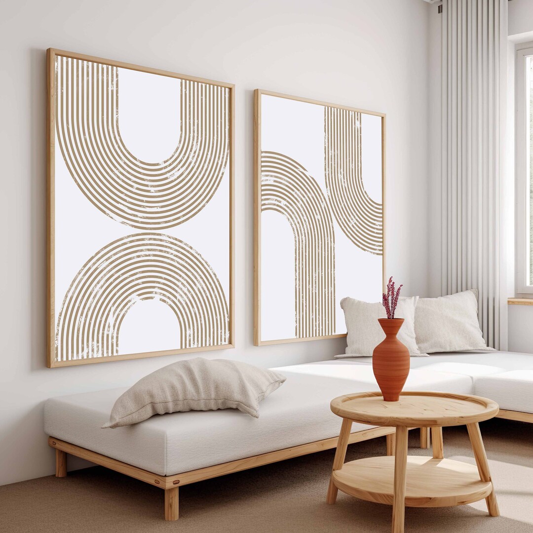 Mid Century Wall Art Set of 2 Boho Wall Art Living Room Art Beige Wall ...