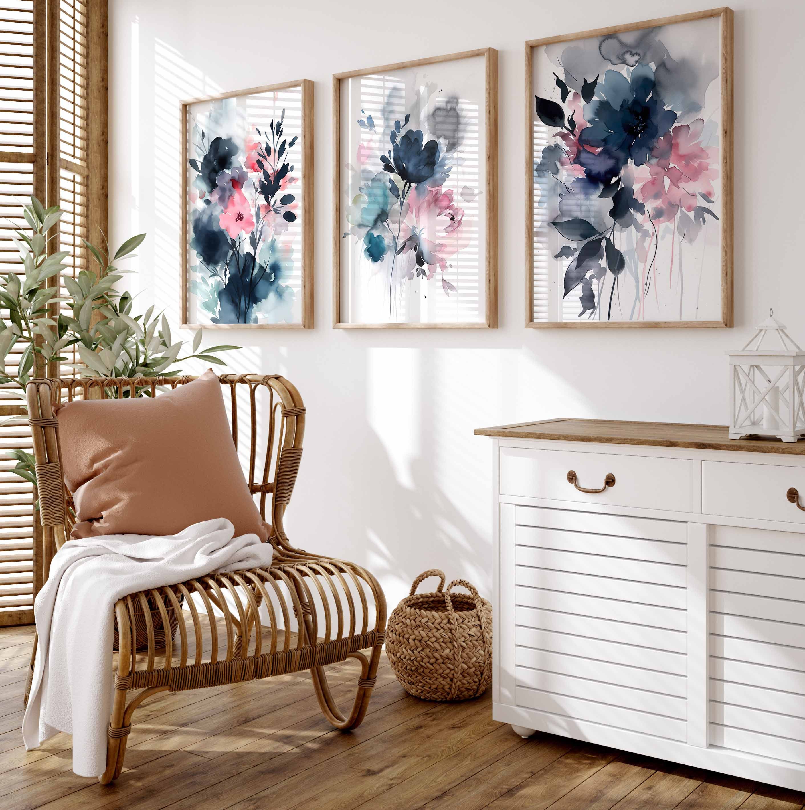 Navy Blue Blush Pink Modern Abstract Art Gallery Wall Art Set of 3 ...