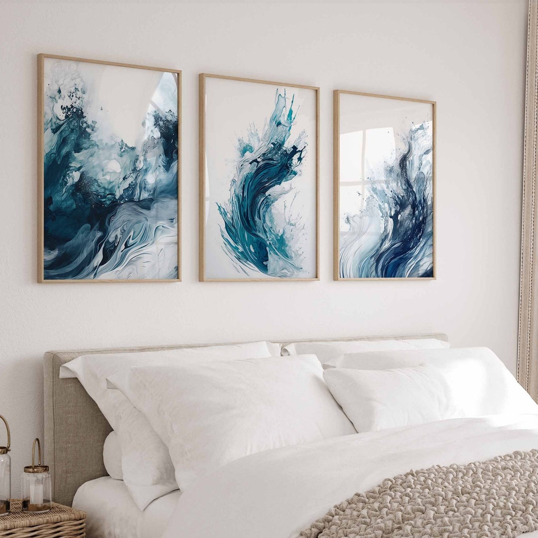 Minimalist Printable Wall Art Set of 3 Watercolor Abstract Prints Navy ...