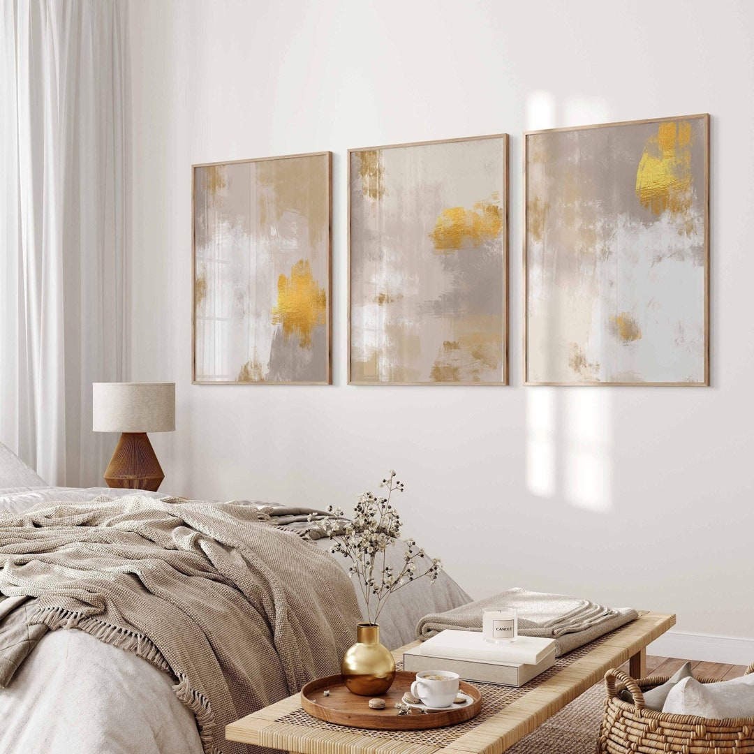 Beige Gold Abstract Gallery Wall Art Set of 3 Simple Neutral Minimal ...