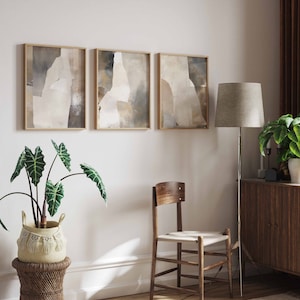 Abstract Neutral Beige Wall Art Set of 3 Modern Geometric Art Prints ...