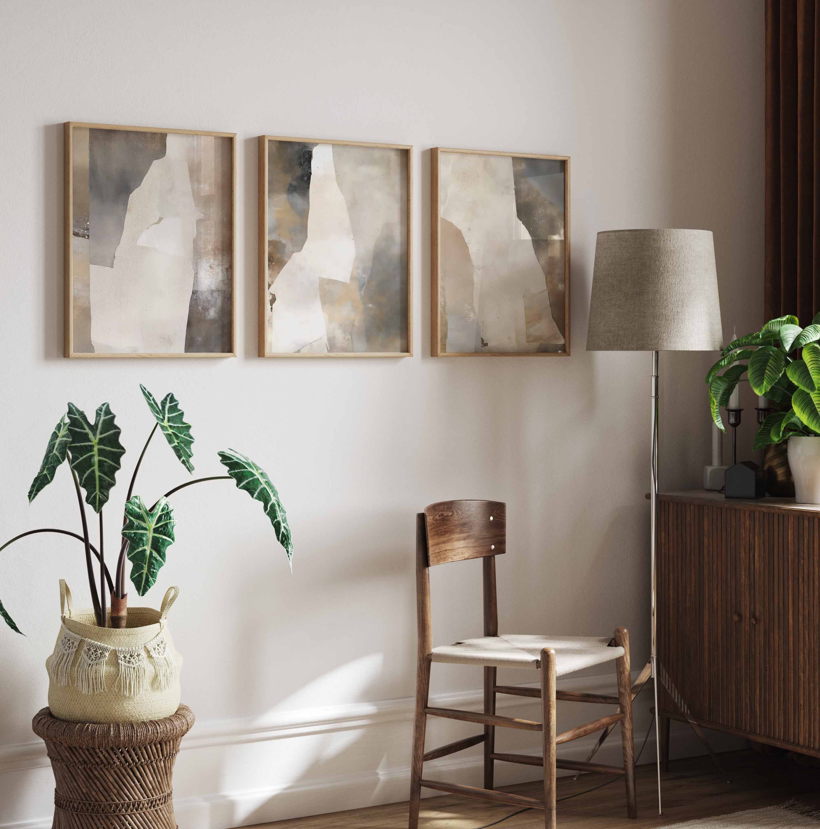 Abstract Neutral Beige Wall Art Set of 3 Modern Geometric Art Prints ...